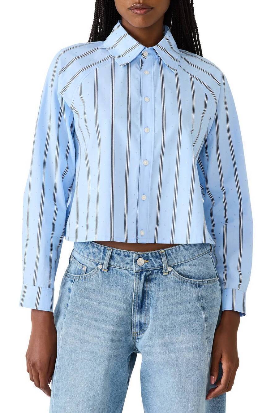 NEW STEVE MADDEN tess stripe button up crop top in blue